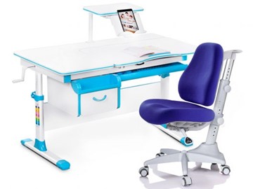 Комплект растущая парта + стул Mealux EVO Evo-40 BL (арт. Evo-40 BL + Y-528 SB) / (стол+полка+кресло) / белая столешница / цвет пластика голубой в Рязани