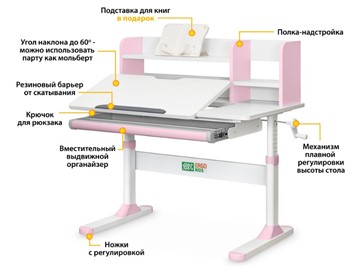 Растущий стол Ergokids TH-330 Pink TH-330 W/PN, столешница белая / накладки на ножках розовые в Рязани - предосмотр 1